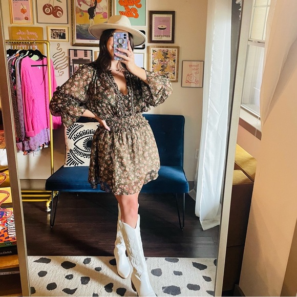 Zara Beaded Floral Smocked Peasant Mini Dress - Picture 8 of 10